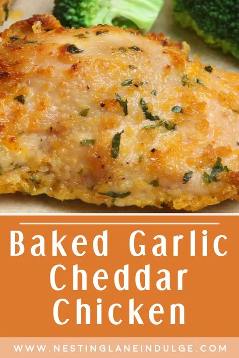 Baked Garlic Cheddar Chicken recipe. With a perfectly seasoned and cheesy exterior, each tender boneless, skinless chicken breast is coated in a savory blend of minced garlic, sharp cheddar cheese, and crispy breadcrumbs. Once baked to juicy perfection, this flavorful meal is sure to satisfy even the pickiest eaters. Serve alongside your favorite sides and enjoy a comforting and tasty dinner that's both quick and easy to make. Easy Chicken And Cheese Recipes, Crispy Chicken Cheddar Bake, Garlic Butter Cheddar Chicken, Baked Chicken In The Oven Recipes, Cheesy Garlic Baked Chicken, Recipes For Dinner Chicken Breast, Baked Garlic Cheddar Chicken, Garlic Cheddar Chicken Bake, Foil Chicken Recipes