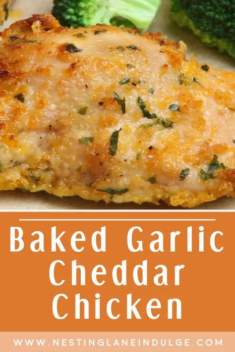 Baked Garlic Cheddar Chicken recipe. With a perfectly seasoned and cheesy exterior, each tender boneless, skinless chicken breast is coated in a savory blend of minced garlic, sharp cheddar cheese, and crispy breadcrumbs. Once baked to juicy perfection, this flavorful meal is sure to satisfy even the pickiest eaters. Serve alongside your favorite sides and enjoy a comforting and tasty dinner that's both quick and easy to make. Crispy Chicken Cheddar Bake, Cheesy Cheddar Chicken, Baked Chicken In The Oven Recipes, Baked Cheddar Chicken, Cheesy Garlic Baked Chicken, Garlic Cheddar Chicken Bake, Garlic Butter Cheddar Chicken, Dinner Ideas With Boneless Chicken, Chicken With Cheese Recipes