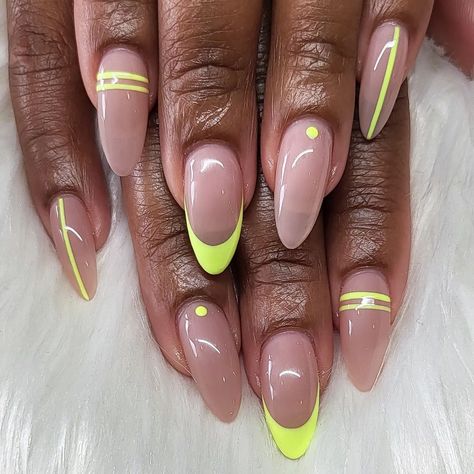 Almond Half French Nails, Short Almond Acrylic Nail Designs, On Trend Nails 2024, Builder Gel Designs, Short Almond Nails Designs 2024, Trendy Summer Nails Designs, Almond Summer Nails 2024, Nude And Neon Nail Designs, Trendy Summer Nails 2024 Almond