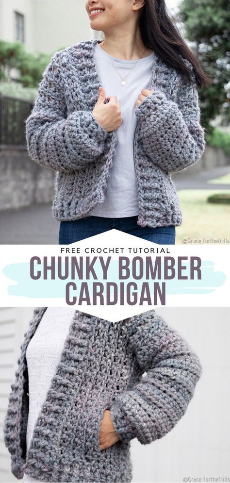 Chunky Bomber Cardigan Free Crochet Pattern Chunky, squishy and wonderfully soft. That's how we like our crochet cardigans, without a doubt! We also like them grey because it is probably the most versatile shade in the whole color palette. Very modern and trendy as well! #crochetcardigan #crochetsweater #freecrochetpattern Amigurumi Patterns, Chunky Jersey Free Pattern, Crochet Open Cardigan Pattern Free, Crochet Cardigan Pattern Free Chunky Yarn, Chunky Yarn Free Crochet Patterns, Chunky Yarn Sweater Pattern Free, Chunky Crochet Jumper, Crochet Cardigan Chunky Yarn, Chunky Wool Crochet Ideas