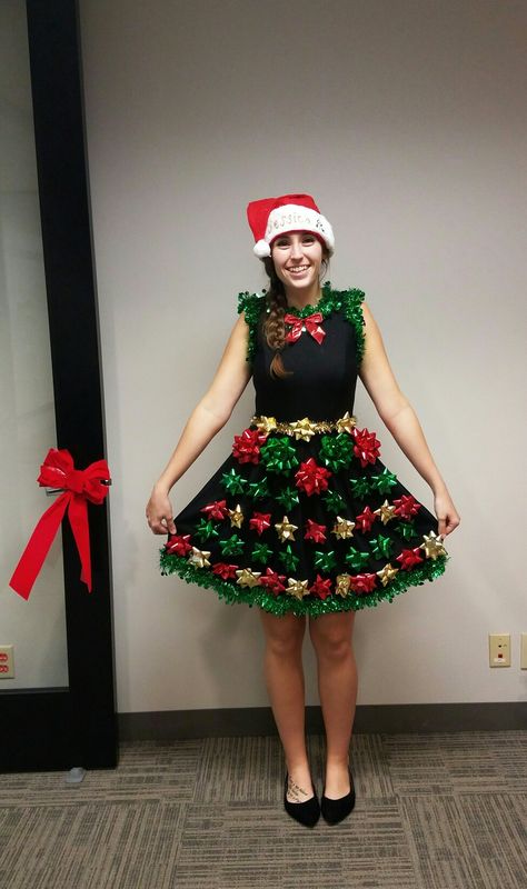 DIY for under $10 Tacky Xmas Outfits, Whoville Costumes Women Diy, Ugly Christmas Outfits Women, Ugly Christmas Outfit Ideas, Christmas Diy Outfits, Diy Cute Christmas Sweater, Diy Christmas Outfit Women, Fun Christmas Party Outfits, Ideas For Ugly Christmas Sweaters