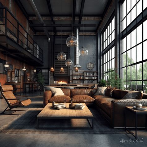 Industrialist Interior Design, Industrial Interiors Living Room, Elegant Industrial Interior, Industrial Design Flooring, Industrial Interior Design Dining Room, Home Interior Design Industrial, Penthouse Loft Industrial Style, Industrial Dark Living Room, Industrial Contemporary Interior