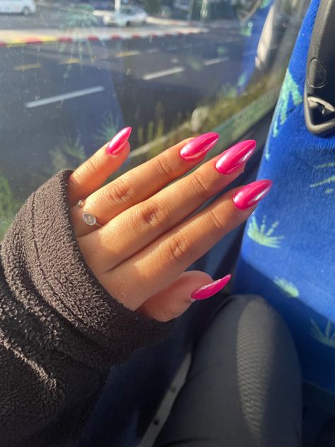 Hot Pink Gel Extensions, Fuchsia Chrome Nails, Bright Pink Acrylic Nails Almond, Fuscia Nails Acrylic, Hot Pink Crome Nails Almond, Bright Pink Nails With Chrome, Fushia Chrome Nails, Bright Fuschia Nails, Pink Chromatic Nails