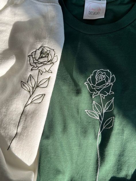 Organic Single Rose T-shirt - Embroidered Designs - Hand Drawn Rose - Sustainable Clothing - Soft Unique Top Red Shirt Embroidery, Black And White Embroidery Design, Embroidery Ideas For Shirts, White Rose Embroidery, Embroidered Black Shirt, Black Flower Embroidery, Unique Embroidery Designs Ideas, Embroidery On T Shirts Ideas, Embroidery Designs For Tshirts