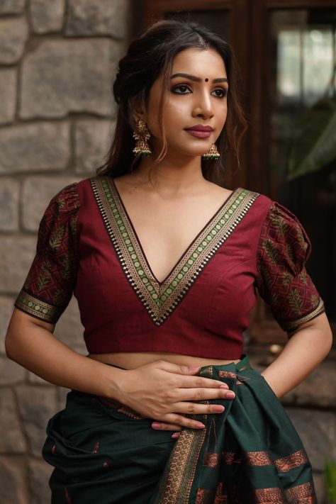 Maroon handloom V neck blouse with printed puff sleeves Latest Blouse Designs Pattern Style, Chiffon Saree Blouse Design, Navari Saree, Puff Sleeves Blouse, Latest Blouse Designs Pattern, Latest Model Blouse Designs, Blouse Designs High Neck, Cotton Blouse Design, Blouse Designs Catalogue