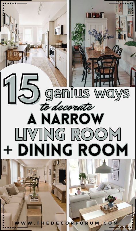 This post shows you 15 easy ways you can decorate a long and narrow living room and dining room combo such as creating a room for each within one larger room, how to create living zones, how to maximize your vertical storage, multi purpose furniture for small spaces, small space furniture solutions, cute decor for small spaces, and more Small Dining Room Living Room Combo, Living Dining Room Combo Small, Living Dining Room Combo Layout, Small Living Dining Room Combo, Narrow Living Room Dining Room Combo, Living Room Dining Room Combo Small, Dining And Living Room Combo, Small Living Room Dining Room Combo, Living Room Dining Room Combo Layout