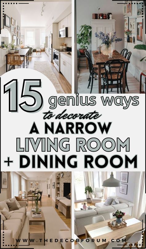 This post shows you 15 easy ways you can decorate a long and narrow living room and dining room combo such as creating a room for each within one larger room, how to create living zones, how to maximize your vertical storage, multi purpose furniture for small spaces, small space furniture solutions, cute decor for small spaces, and more Narrow Living Dining Room, Living Dining Room Combo Layout, Small Living Dining Room Combo, Dining Room Living Room Combo Layout, Narrow Living Room Dining Room Combo, Living Room Dining Room Combo Small, Dining And Living Room Combo, Living Room Dining Room Combo Layout, Dining Room And Living Room Combo