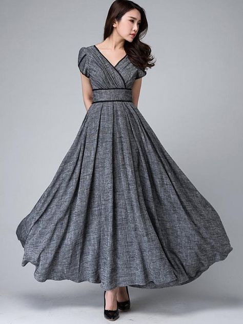 Ericdress Solid Color Patchwork Expansion V-Neck Maxi Dress Gray Maxi Dress, Plain Maxi Dress, Pakaian Feminin, Garden Party Dress, Long Dress Design, Pleated Long Skirt, Grey Maxi Dress, Empire Waist Dress, Empire Dress