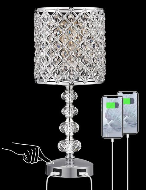 Crystal Bedside Lamp for Nightstand Bedroom Touch - Silver 3-Way Dimmable Glam Cute Small End Side Table Lamp for Girls with Two USB Charging Ports for Living/Guest/Dinning Room - Amazon.com Glam Lamp, Small Nightstand Lamps, Bling Bedroom, Glam Lamps, Accessories For Room, Glam Table Lamps, Night Lamp For Bedroom, Room Amazon, Dimmable Table Lamp