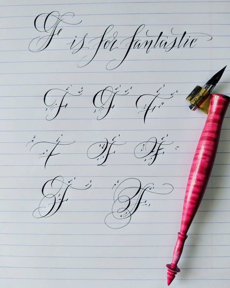 Moving on to the letter F today! Enjoy the video, and then #swipeleft to see the steps. Please excuse the ink smudge 😉 Keep practicing; it… F In Calligraphy, F Calligraphy, Caligrafia Copperplate, Curly Font, Flourish Calligraphy, The Letter F, English Calligraphy, Calligraphy Tutorial, Calligraphy Drawing