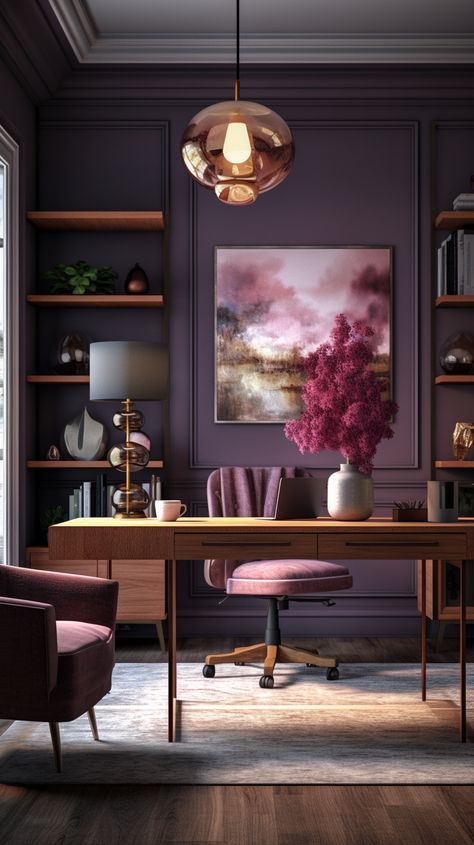 Home Office Classic Library Design, Jewel Toned Office Space, Moody Office Women, Dark Glam Office, Moody Purple Office, Deep Purple Dining Room, Glass Enclosed Home Office, Home Office In Master Room, Green And Purple Office