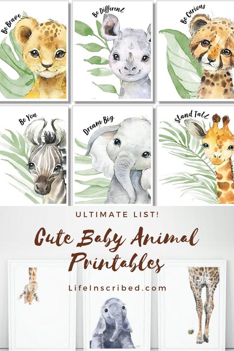 If you're decorating a nursery or looking for a cute baby shower gift, these adorable Baby Animal Printables are perfect for you! No need to hunt all over the internet. Find the best ones here! We have African Animals, Farm Animals, Under the Sea and more! - Nursery decor - Budget decorating - Support small businesses - LifeInscribed.com Nursery Pictures Animals, Printable Safari Animals Free, Baby Zoo Animals Nursery, Safari Animal Prints Free Printable, Nursery Prints Free, Safari Animals Printables, Free Animal Printables, Jungle Animals Printable, Art For Baby Room