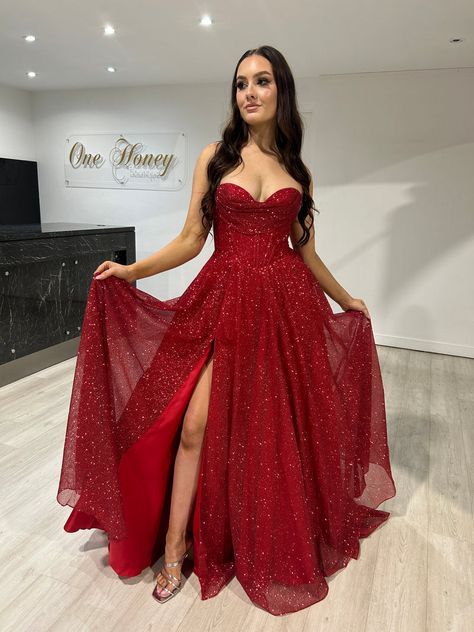 Red Prom Dress Sparkly, Glitter Ball Gown, Red Glitter Dress, Red Sparkly Dress, Red Corset Dress, Prom Dress Trends, Elegant Prom Dress, Top Prom Dresses, Red Prom Dress Long