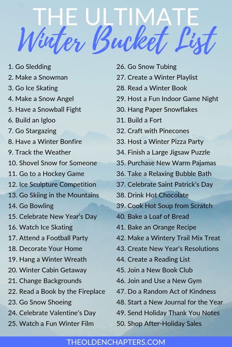 This is the ultimate winter bucket list that is perfect for teens, couples, adults, friends, families, college students, and more. Includes great travel ideas, activities with and without snow, date nights, indoor things to do, and so much more. Use this as a template in your bullet journal to create your best winter yet. Pin now and check out this amazing winter bucket list that includes a free printable to get you started. #winter #winterbucket list Indoor Things To Do, Bucket List For Teens, Christmas Bucket List, Couple Bucket List, Christmas Bucket, Winter Bucket List, Bucket List Ideas, Make A Snowman, Winter Books