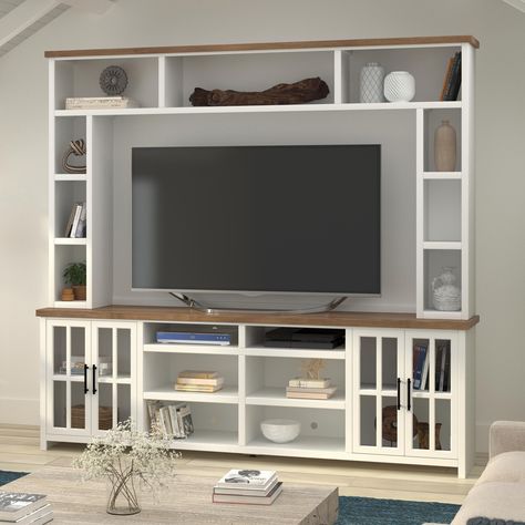 Modern farmhouse style and country simplicity are flawlessly combined in this 97" Entertainment Center from Bridgevine Home. White Entertainment Center, Coastal Glam, Entertainment Center Decor, Tv Stands And Entertainment Centers, Modern Coastal, Coastal Cottage, Modern Farmhouse Style, Laurel Foundry Modern Farmhouse, Living Room Tv