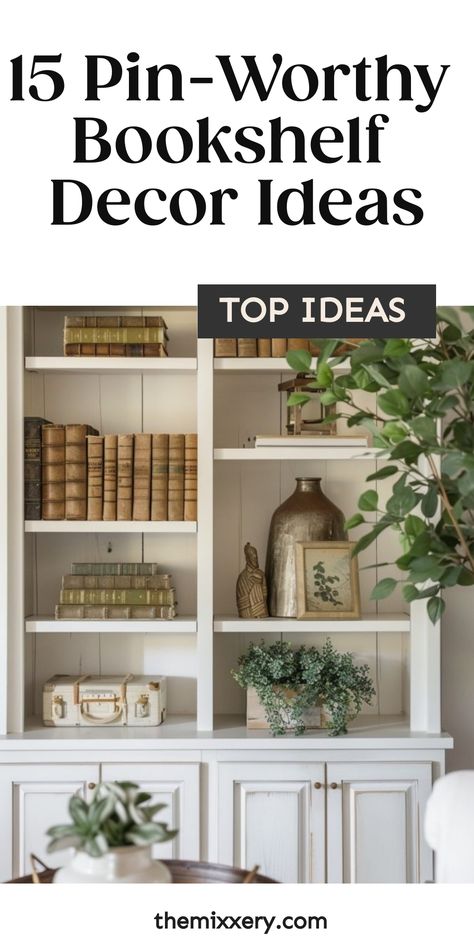 15 bookshelf decor ideas featuring books, plants, and decorative items. How To Style Open Bookshelves, Decorating Office Bookshelves, Decorating Ideas For Built In Bookcases, Bookshelf Decor With Plants, How To Decorate Library Shelves, How To Decorate The Top Of A Bookshelf, Decorating Bookshelves Living Room Ideas, Functional Bookcase Styling, How To Style Book Shelves Living Room