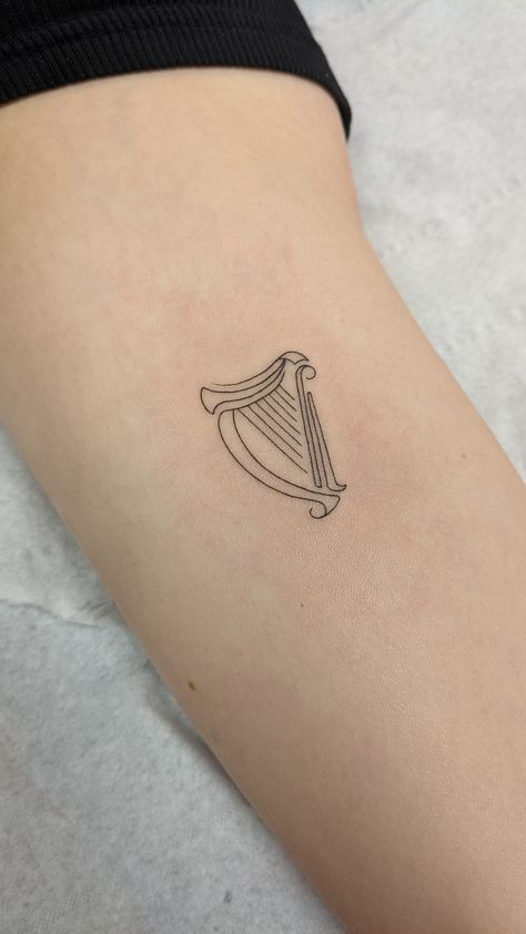 Patchwork, Simple Harp Tattoo, Ireland Harp Tattoo, Harp Tattoo Minimalist, Delicate Irish Tattoo, Guiness Tattoos Small, Small Harp Tattoo, Small Ireland Tattoo, Harp Tattoo Small