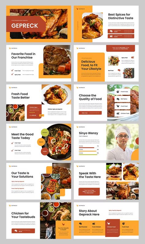 Food & Restaurant PowerPoint Template. 30+ Slides. Food Slide Presentation, Restaurant Menu Designs, Food Ppt Template, Food Presentation Design, Food Presentation Ideas, Digital Marketing Portfolio, Restaurant Powerpoint, Powerpoint Timeline, Food Powerpoint Template