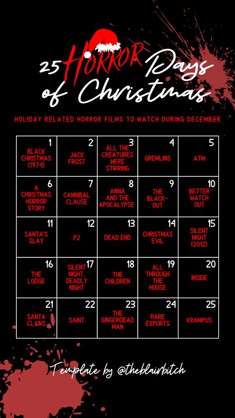 Christmas Horror Movies List, Halloween Animes To Watch, Movies To Watch List Christmas, 31 Days Of Horror Movies, 30 Days Of Horror Movies, Movies To Watch In December, Tubi Movies To Watch List, January Movie List, Movies To Watch List Horror