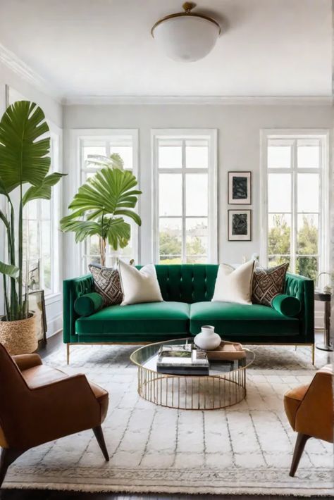 Eclectic living room with green velvet sofa and gallery wall Velvet Green Sofa Decor, How To Style A Green Velvet Sofa, Green Sofa Design Living Rooms, Green Sectional Sofa Living Room Ideas, Green Velour Couch, Green Couch Living Room Aesthetic, Velvet Furniture Living Room, Emerald Green Velvet Couch, Green Sofa Design