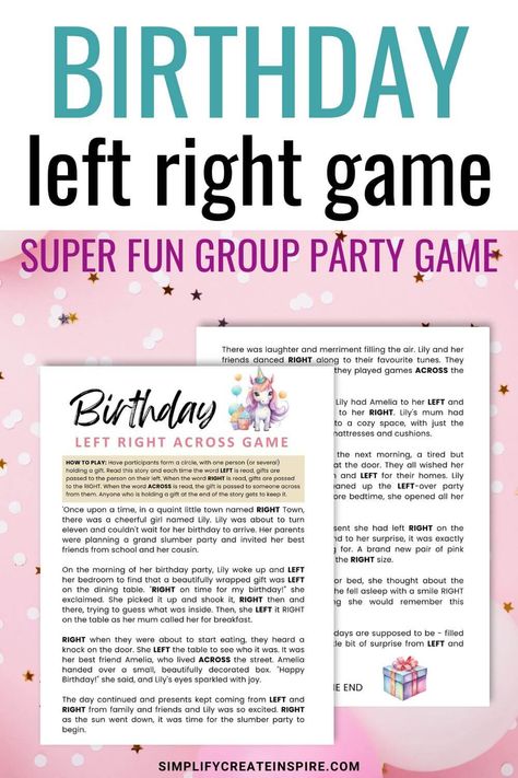 Left Right Birthday Game Story, Balloon Party Games, Birthday Classroom, Left Right Game, Easy Birthday Party Games, Girls Birthday Games, Printable Party Games, Easy Party Games, Birthday Story