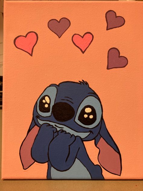 Stitch Disney Canvas Painting, Stitch Love Drawing, Cute Stitch Painting, Cartoon Love Paintings, Simple Mini Canvas Paintings Love, Mini Love Paintings, Cute Love Canvas Paintings, Mini Canvas Art Easy Cute Love, Stitch Painting Ideas On Canvas