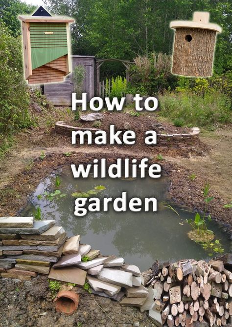 A wildlife garden with a wildlife pond, wildlife plants and log piles Biodiversity Garden Design, Backyard Wildlife Habitat Ideas, Biodiversity Garden Ideas, Wildlife Water Feature, Wildlife Habitat Projects, Attract Wildlife To Garden, Garden Wildlife Ideas, Wildlife Friendly Backyard, Wildlife Habitat Garden