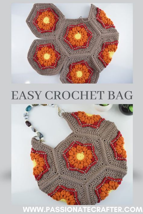 Crochet Hexagon Bag Pattern, Hexagon Bag Pattern, Crochet Hexagon Free Pattern, Crochet Sunburst, Hexagon Bag, Bag Patterns Free, Easy Crochet Bag, Hexagon Crochet Pattern, Crochet Blanket Chevron