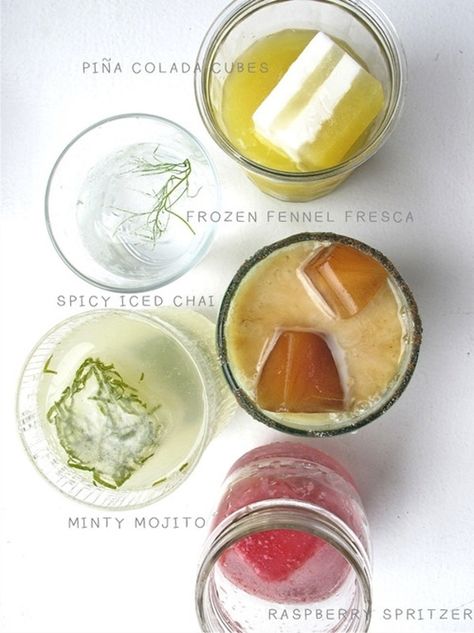 You freeze the mixers as layered ice cubes! Piña colada was pineapple juice and coconut. I bet Lime juice and low grade triple sec would work well for a pitcher of margaritas..... Flavored Ice Cubes, Iced Chai, Flavor Ice, Ice Cube Trays, Ice Ice Baby, Mini Cheesecakes, Fun Cocktails, Ice Cube Tray, Ice Cubes