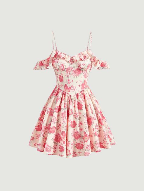 Multicolor Boho Collar Short Sleeve Woven Fabric Floral,All Over Print A Line Embellished Non-Stretch  Women Clothing Cute Cottagecore Dresses, Vestidos Aesthetic, Floral Dress Aesthetic, Flowers Clothes, Plus-koon Muoti, Vestiti Edgy, Cute Short Dresses, Cute Dress Outfits, Ruffle Trim Dress