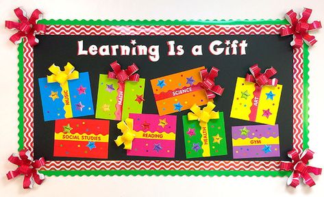 Learning is a gift! Make this Christmas theme bulletin board for your classroom and have students add their names to their favorite school subjects on the gifts! Learning Is A Gift Bulletin Board, Bulletin Board For Christmas, Softboard Decoration Ideas For School, Christmas Bulletin Boards For School, Gift Bulletin Board, Christmas Board Decoration, Christmas Bulletin Board Ideas, Holiday Bulletin Boards, Christmas Bulletin Boards