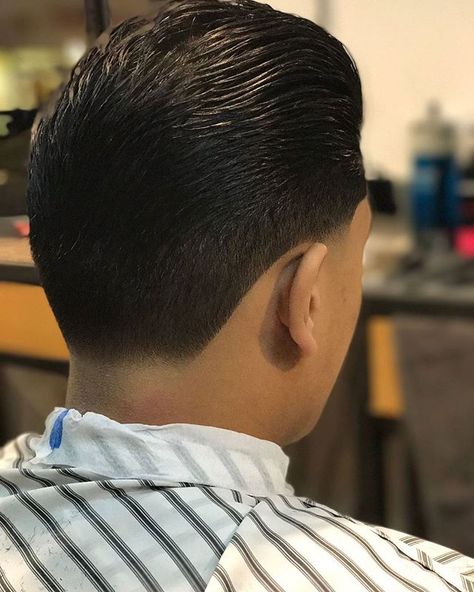 Tappered slick back styled with #layrite by @barberjayfades92 Those lines are crisp and that fade is well blended, making those lines stand out. This style is not over done, leaving a nice shape while being a contained style. #barber #slickback #mensstyle #haircut #cleanlines #taper #fade #mrpomade Ice Pick Taper Fade, Slick Back Taper Fade, Slick Back Taper, Mens Modern Hairstyles, Older Mens Hairstyles, Barbers Cut, Vintage Barber, Wavy Haircuts, Taper Fade