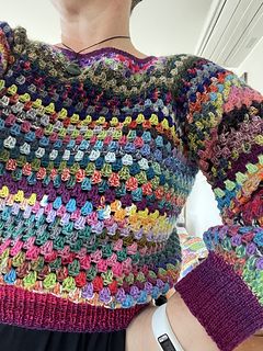My Scrappy Sweater – Cup of Tea and a Yarn Scrap Yarn Crochet Projects Clothes, Crochet Scrap Sweater Pattern, Granny Stripe Sweater Crochet Pattern, Fun Crochet Sweaters, Scrappy Crochet Top, Scrap Yarn Crochet Sweater Pattern, Crochet Top Scrap Yarn, Scrappy Knit Sweater, Crochet Granny Jumper
