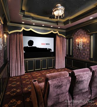 Movie night done right: personal viewing room in gold and wine. Fresco walls match the carpet. Ambient lighting and plush seats. Gold detailing on the crown molding, paneling and cabinets.  Interior Design: Jane Page Design Group Movie Theater Rooms, Theatre Curtains, Home Theater Room Design, Theater Room Design, Theatre Interior, Theater Design, Media Room Design, Home Cinema Room, Home Theater Decor