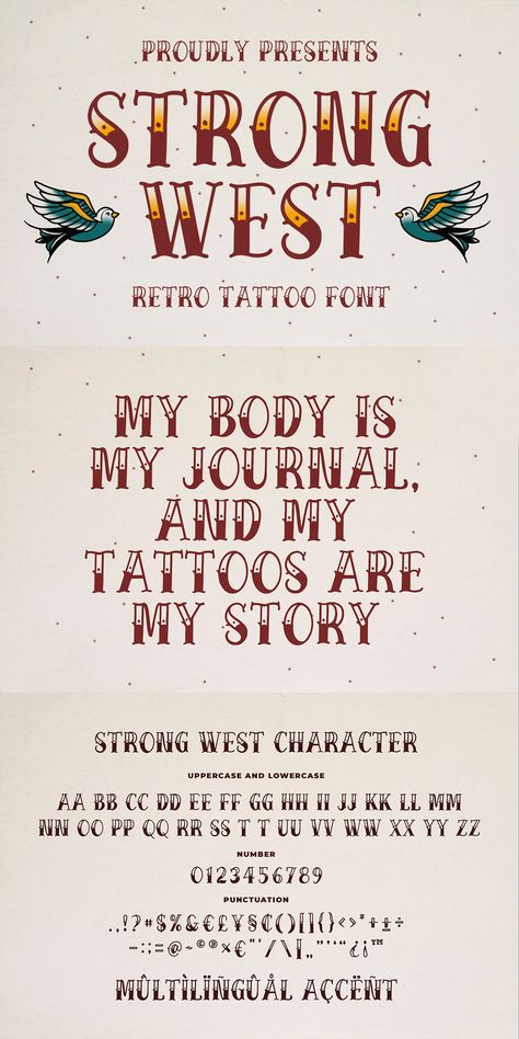 Strong West - Retro Tattoo Font American Traditional Font Tattoo, Traditional Tattoo Font Lettering, Western Lettering Tattoo, Western Fonts Alphabet, Western Hand Lettering, Country Fonts Alphabet, Vintage Tattoo Font, Western Tattoo Font, Western Font Tattoo