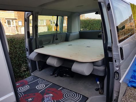 Caravelle LWB DIY King Size Bed (Nearly) - VW T4 Forum - VW T5 Forum Diy King Size Bed, T4 Camper Interior Ideas, Vw T5 Caravelle, T5 Caravelle, Volkswagen Caravelle, Camper Van Kitchen, Vw Caravelle, T4 Camper, Camper Beds