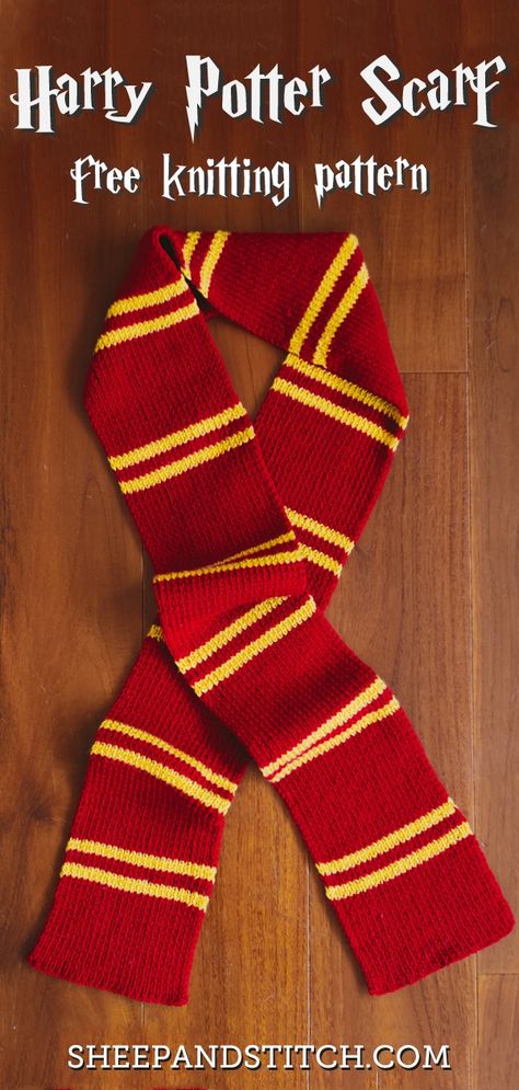 This Harry Potter Scarf Knitting Pattern is great for beginner knitters. Use the colors from your favourite Hogwarts House and knit away! This Hogwarts scarf comes together in two shakes of a newt's tail! #sheepandstitch #harrypotter #knits #knittingpatterns Knit Hufflepuff Scarf Pattern, Diy Harry Potter Scarf, How To Knit A Scarf Step By Step, Hufflepuff Scarf Knitting Pattern, Harry Potter Scarf Crochet, Harry Potter Scarf Pattern, Harry Potter Knitting Patterns, Tricot Harry Potter, Hogwarts Scarf