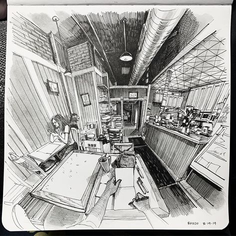 Paul Heaston on Instagram: “At @bardocoffeesb. #urbansketchers #urbansketchersdenver #wideangle #pov #perspective #fisheye #paulheaston #penandink” Perspective Artists, Different Types Of Drawing, Incredible Drawings, Types Of Drawing Styles, Paul Heaston, Perspective Room, Perspective Sketch, Perspective Drawing Architecture, Perspective Art