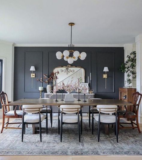 Transition From Kitchen To Dining, Dining Room Accent Wall With Sconces, Formal Dining Room With Fireplace, Dining Room Design Black Table, Organic Glam Decor, French Modern Dining Room, Dining Off Kitchen, Large Dining Room Wall Decor Ideas, Rich Dining Room