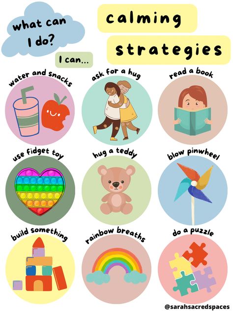 Calming Sensory Ideas, Sensory Classroom Ideas Calm Down, Preschool Calming Strategies, Teacher Calming Corner, Class Calm Down Corner, Social Emotional For Preschool, Calming Strategies Poster, Calming Corner Ideas For Preschool, Ways To Calm Down For Kids