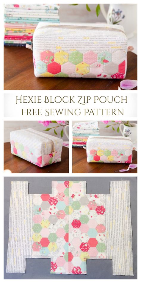 DIY Hexie Block Zip Pouch Sew Pattern Tutorial Zip Up Bag Sewing Pattern, Pouch Ideas Diy, Block Zipper Pouch Pattern, Block Pouch Pattern, Makeup Bag Free Sewing Pattern, Sewing Pattern For Makeup Bag, Bathroom Bag Sewing Pattern, Makeup Pouch Pattern Free, Toiletry Bag Pattern Sewing