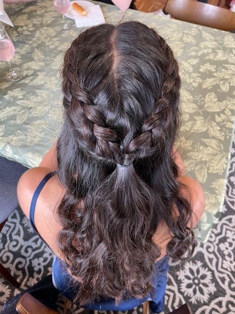 Braided Curly Half Up Half Down, Braid School Hairstyles, Braided And Curled Hairstyles, Touch And Leave Braids Hair, Curly Hair Fishtail Braid, Braids To Get Curly Hair Overnight, Waterpark Hairstyles Curly Hair, Braid Crown Half Up Half Down, Curly Hair Cheer Hairstyles