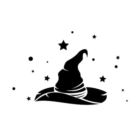 Vector magic witch hat surrounded by sta... | Premium Vector #Freepik #vector #wizard #wizard-logo #wizard-hat #magic-logo Wizard Logo Design, Witch Logos Ideas, Wizard Hat Tattoo, Witches Hat Drawing, Wizard Hat Drawing, Witch Logos, Witch Illustration Art, Wizard Symbols, Magic Logo Design