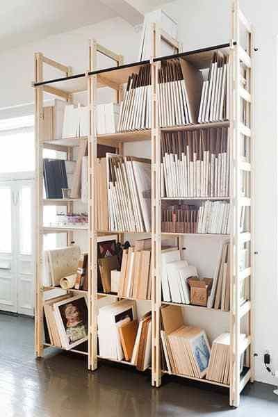 Great storage space for all those canvases you buy on sale. Keep the studio clean by organizing and putting things in their place. #organization #artstudio #art #studio #homeoffice #workfromhome #storage Studio Seni, Canvases Painting, Home Art Studios, Ruangan Studio, Art Studio Storage, Studio Vibes, Painting Simple, Art Studio Space, Art Studio Room