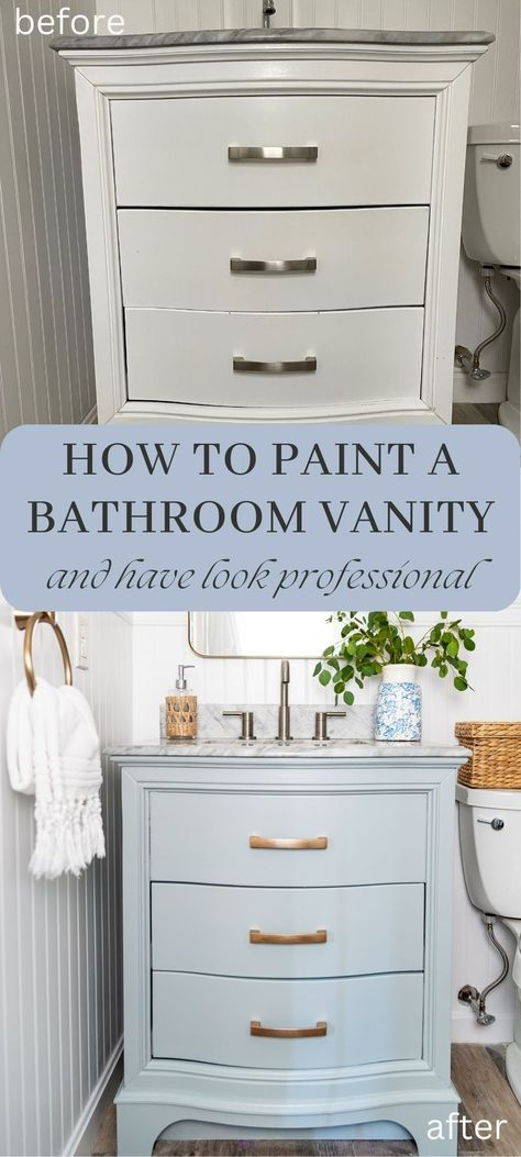 Learn how easy it is to give a bathroom vanity a makeover with the right type of paint! Painting Bathroom Vanity, Paint A Bathroom Vanity, Painted Vanities, Old Bathroom Vanity, Mens Bathroom Decor, Best Paint For Kitchen, Painted Vanity Bathroom, Half Bathroom Decor, Type Of Paint