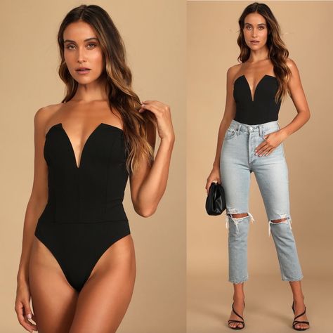 There Is Nothing A Black Bodysuit Can’t Fix. The Babe Alert Black Notched Strapless Bodysuit Is No Joke And Perfect For Your Outfit Rotation. This Stretchy Ponte Knit Fabric Is Super Flattering. The Bodysuit Has A Notched Strapless Neckline, Supportive V Bar And A Princess Seamed Bodice. The Suit Has A Cheeky Bottom Portion And Has Snap Closures. You Can Rock This With A Mini Skirt Or Some Jeans For A Perfect Date Night Look. - The Wholesale Brand Is Blue Blush But It Is Sold By Lulu’s Size S: 2 Black Strapless Bodysuit Outfit, Jeans Bodysuit Outfit Heels, Corset Date Night Outfit, Strapless Summer Outfits, Black Bodysuit Outfit Night, 21 Outfit Birthday Night, Black Jeans Date Night Outfit, Curvy Night Out Outfit, Body Suit Outfits Night Out