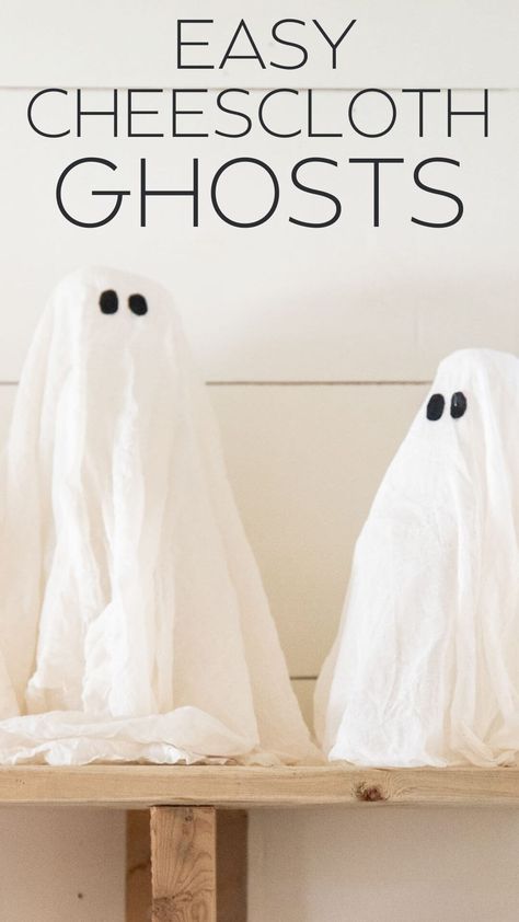 Make these adorable cheesecloth ghosts and add them to your Halloween decor! Its a great Halloween craft to involve kids or do on your own. Mini Cheesecloth Ghosts, How To Make Gauze Ghosts, Cheese Cloth Halloween Decor, Ghost With Cheese Cloth, Diy Gauze Ghost, Cheesecloth Ghosts Diy, How To Make Halloween Ghosts, Cheese Cloth Ghosts Diy, Homemade Ghosts For Outside