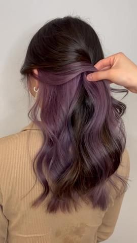 purple peekaboo hair｜TikTok Search Split Dyed Hair Purple And Brown, Peekaboo Lilac Hair, Dark Purple Underdye Hair, Cute Hair Dye For Brown Hair, End Hair Color Ideas, Brown And Dark Purple Hair, Purple Hidden Hair, Dark Purple On Brown Hair, Purple Hair Brown Hair