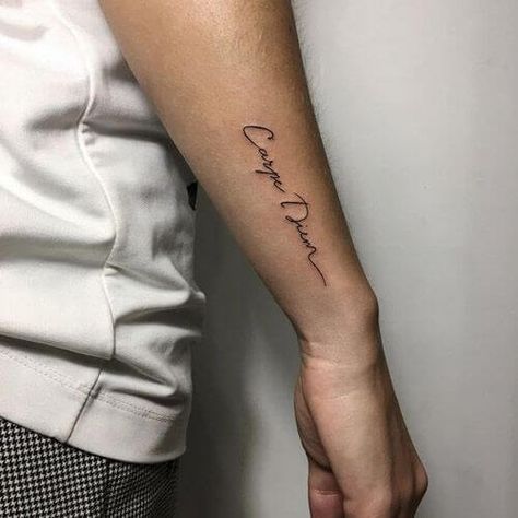 If you love to live in the present and believe that every fleeting moment should be lived to the fullest then this is one of the best Latin tattoo ideas for you. Looks-wise it is elegant and beautiful in a very aristocratic manner and possesses certain classiness. Seize The Moment Tattoo, Font Tattoo Men, Word Tattoos For Men Forearm, One Word Tattoos For Men, Quotes Tattoos For Men, Small Wrist Tattoos For Men, Mini Tattoos Men, Wrist Tattoo For Men, Mini Tattoos Arm