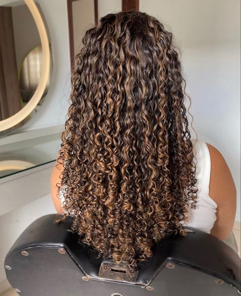 Brown Highlights In Curly Hair, Honey Brown Hair Curly Highlights, Brown Highlights On Curly Black Hair, Highlits Curly Hair, Hair Highlights For Dark Hair Curly, Black Hair Highlights Curly, Balayage Hair Curly Hair, Caramel Brown Highlights Curly Hair, Chestnut Brown Highlights Curly Hair